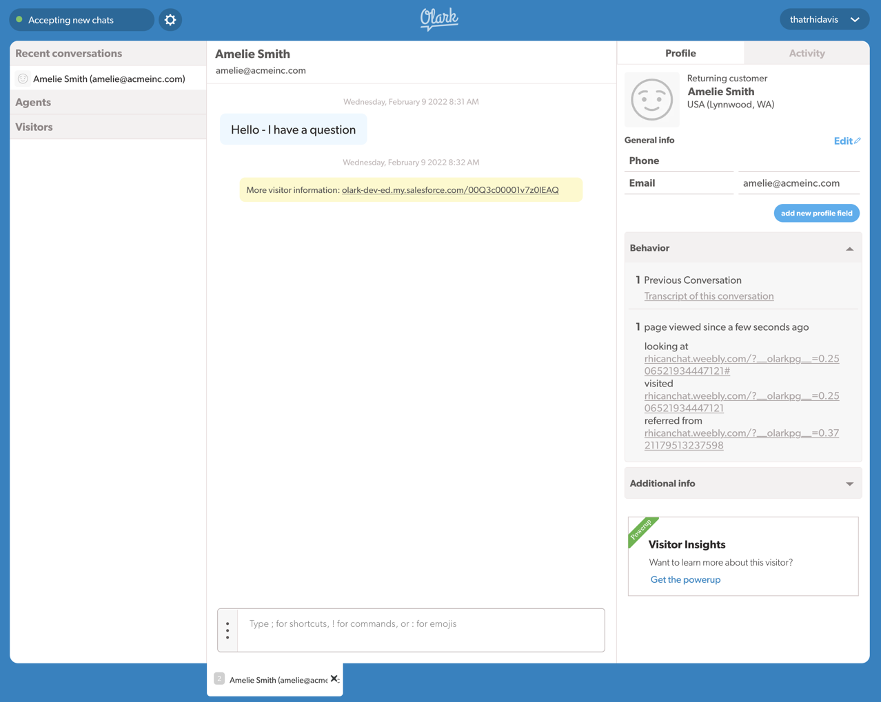 A screenshot of the Olark Classic chat console. A link to a lead in salesforce is highlighted in yellow.