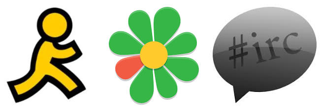 AIM, ICQ, and IRC logo icons from the late 1990s