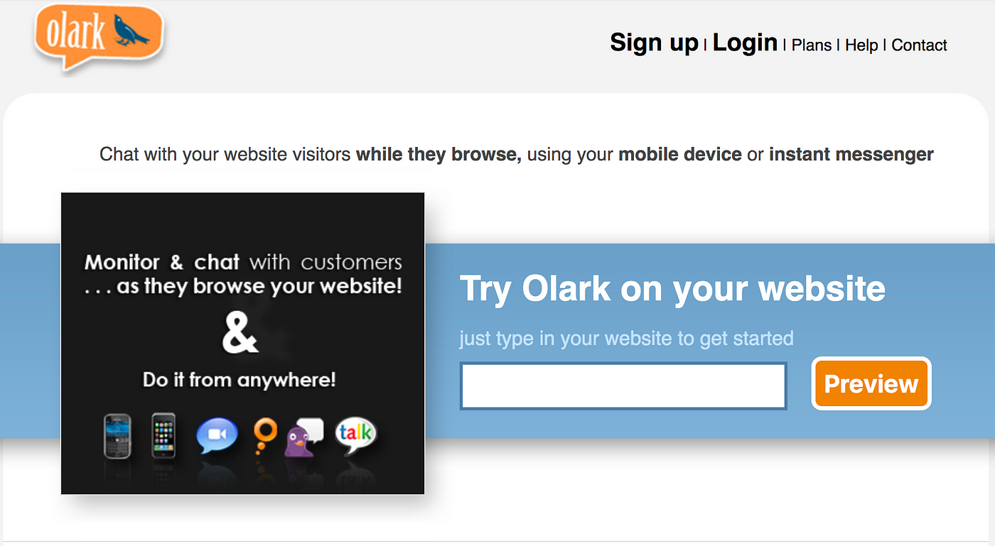 Screenshot of the original Olark website from 2009