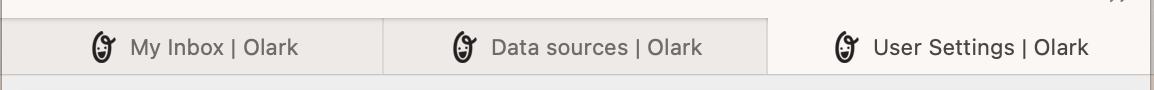 3 tabs in a browser window, they are “My Inbox | Olark”, “Data sources | Olark”, and “User Settings | Olark”