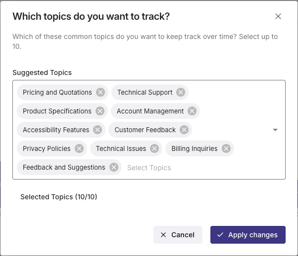 The "Which topics do you want to track?" modal. Selected topics are shown in gray, a purple "apply changes" button is at the bottom.